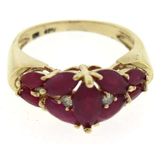 Elegant 10kt YG Marquise Ruby Cluster & Diamond Accent Ring