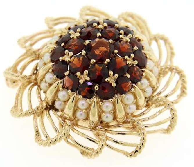 Entrancing 14kt YG Garnet & Pearl Flower Brooch with Openwork Petals