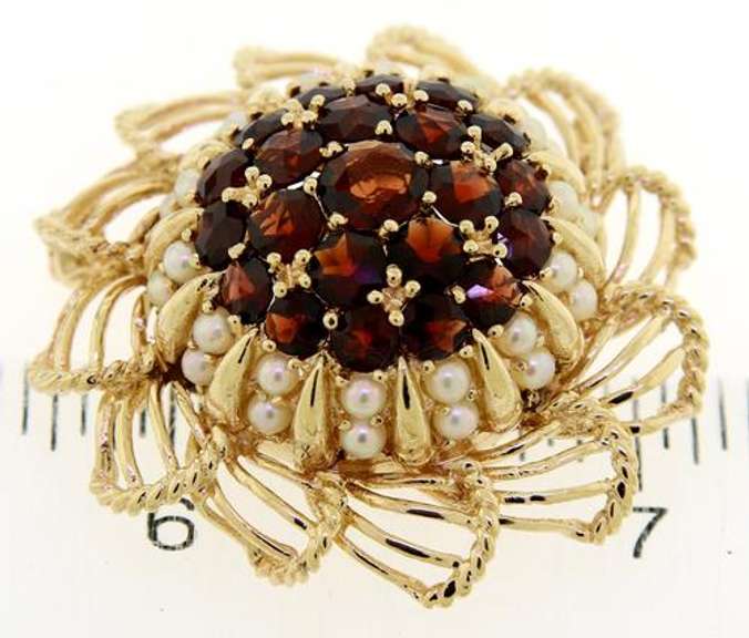 Entrancing 14kt YG Garnet & Pearl Flower Brooch with Openwork Petals
