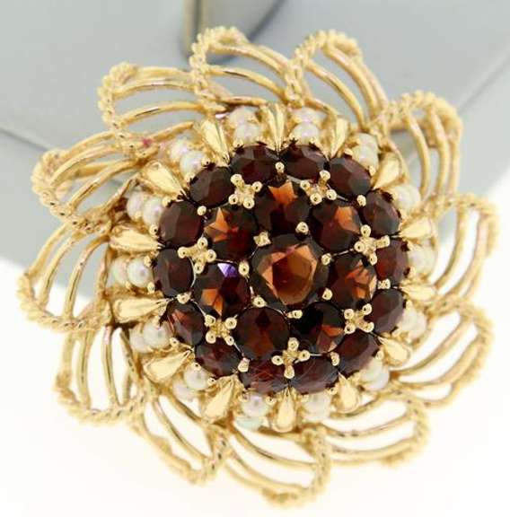 Entrancing 14kt YG Garnet & Pearl Flower Brooch with Openwork Petals