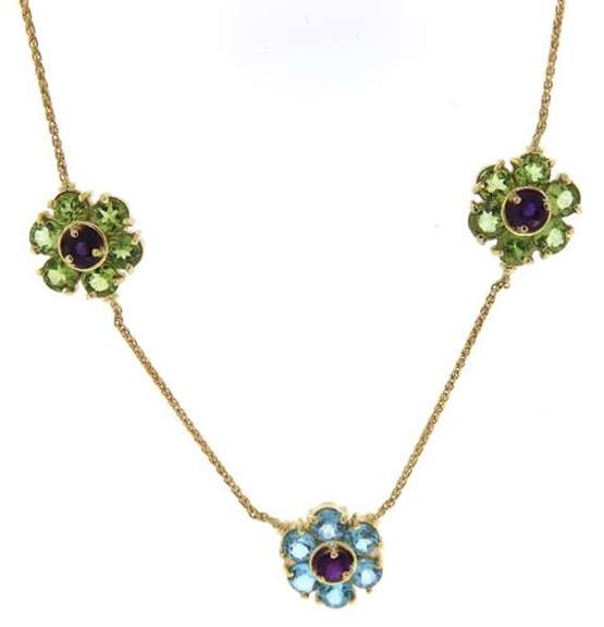 Stunning Peridot, Blue Topaz & Amethyst Flower Necklace