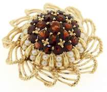 Entrancing 14kt YG Garnet & Pearl Flower Brooch with Openwork Petals