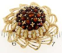 Entrancing 14kt YG Garnet & Pearl Flower Brooch with Openwork Petals