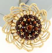 Entrancing 14kt YG Garnet & Pearl Flower Brooch with Openwork Petals
