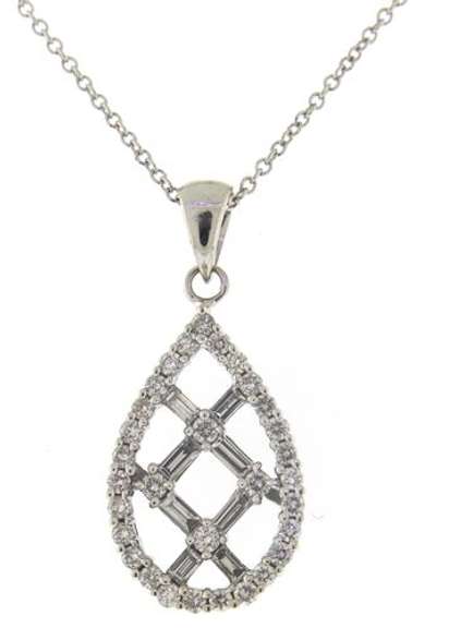 Intriguing 14kt WG Round & Baguette Diamond Crosshatch Tear Drop Necklace