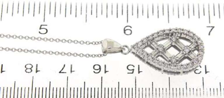 Intriguing 14kt WG Round & Baguette Diamond Crosshatch Tear Drop Necklace