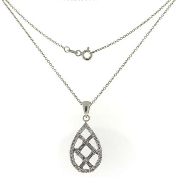 Intriguing 14kt WG Round & Baguette Diamond Crosshatch Tear Drop Necklace