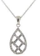 Intriguing 14kt WG Round & Baguette Diamond Crosshatch Tear Drop Necklace