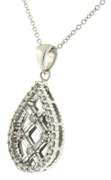 Intriguing 14kt WG Round & Baguette Diamond Crosshatch Tear Drop Necklace