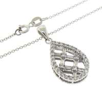Intriguing 14kt WG Round & Baguette Diamond Crosshatch Tear Drop Necklace