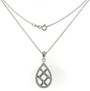 Intriguing 14kt WG Round & Baguette Diamond Crosshatch Tear Drop Necklace