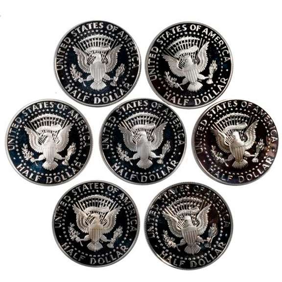 7 Assorted Silver Cameo Proof Kennedy Silver Halves