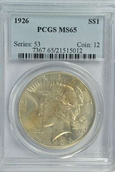 Solid Gem BU 1926-P Peace Silver Dollar. PCGS MS65