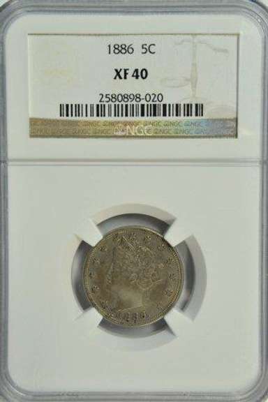 Rare date 1886 Liberty 'V' Nickel. NGC XF40