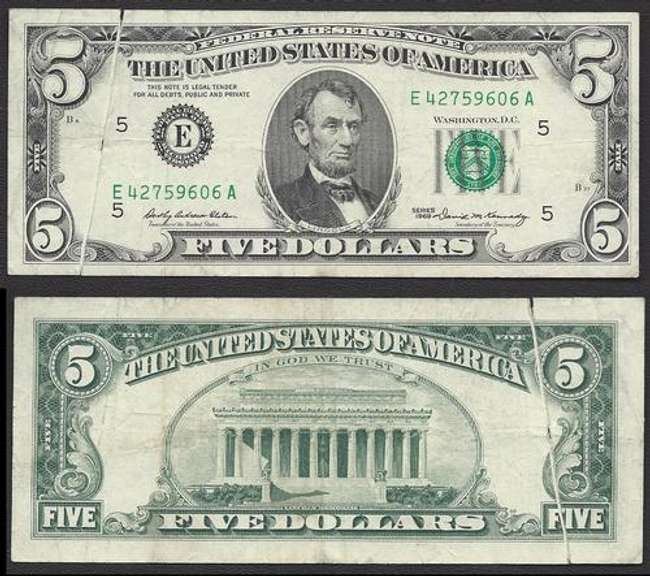 $5 1969 FRN Gutter fold runs completely circulated