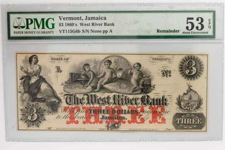 $3 1860 s West River Bank Jamaica Vt Remainder AU53 EPQ
