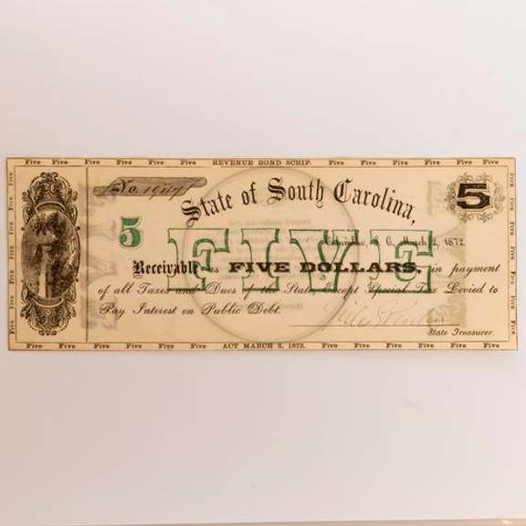State Of South Carolina $5  3 2 1872 Revenue Bond Scrip