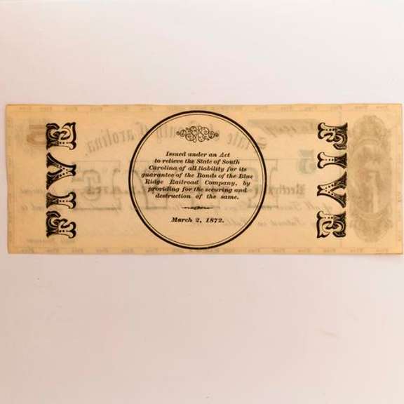 State Of South Carolina $5  3 2 1872 Revenue Bond Scrip