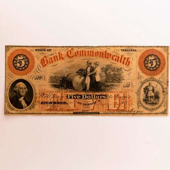 State Of Virginia $5 Bank Of The Commonwealth Note