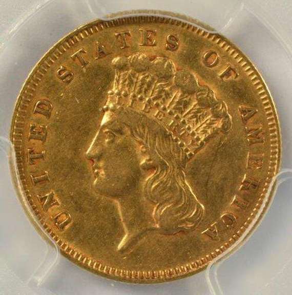 Almost Uncirculated 1878 $3 Gold Piece. PCGS AU50