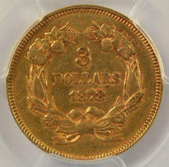 Almost Uncirculated 1878 $3 Gold Piece. PCGS AU50
