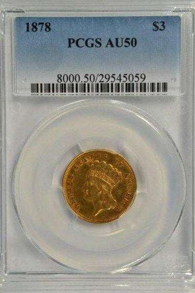 Almost Uncirculated 1878 $3 Gold Piece. PCGS AU50
