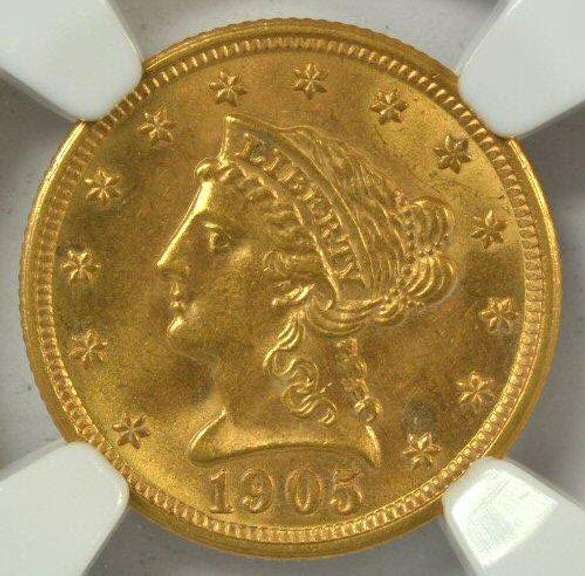 Great near Gem BU 1905 US $2.50 Liberty Gold. NGC MS64