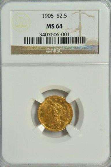 Great near Gem BU 1905 US $2.50 Liberty Gold. NGC MS64