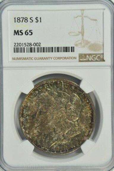 Great Gem BU 1878-S Morgan Silver Dollar. NGC MS65