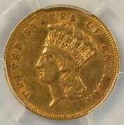 Almost Uncirculated 1878 $3 Gold Piece. PCGS AU50