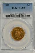 Almost Uncirculated 1878 $3 Gold Piece. PCGS AU50