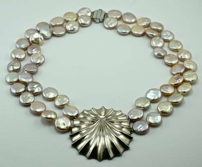 Summery and Dramatic Coin Pearl and Sterling Necklace