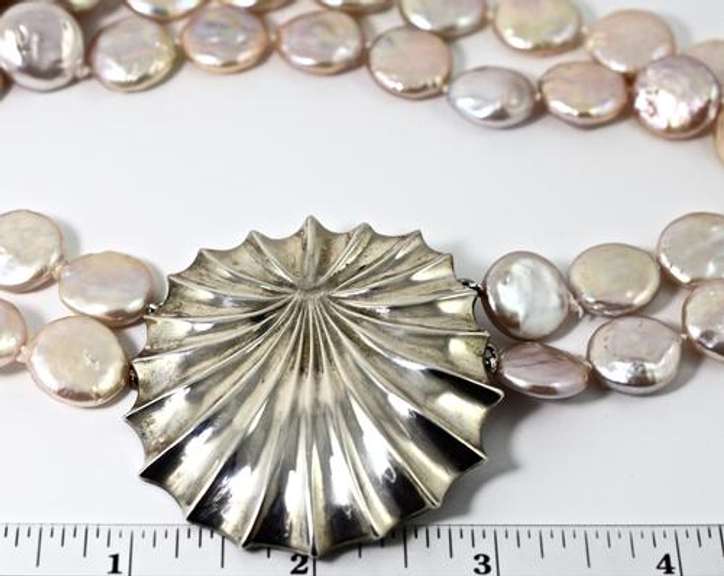 Summery and Dramatic Coin Pearl and Sterling Necklace