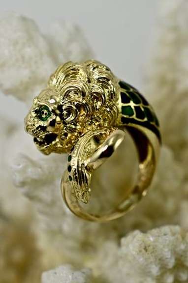 Delightfully Detailed 18K and Enamel Lion Ring