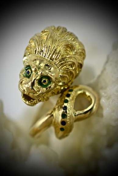Delightfully Detailed 18K and Enamel Lion Ring