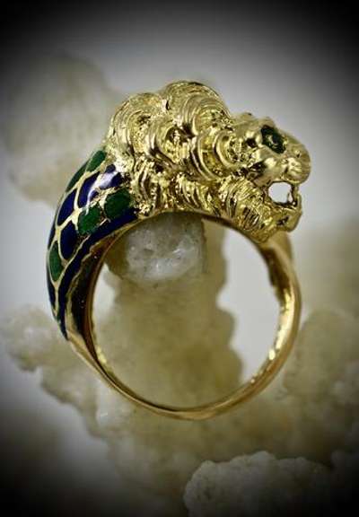 Delightfully Detailed 18K and Enamel Lion Ring