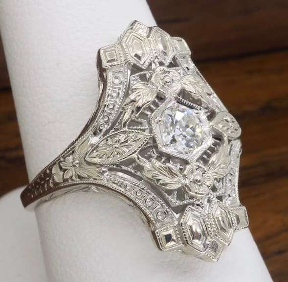 Vintage 18k White Gold Diamond Shield Ring