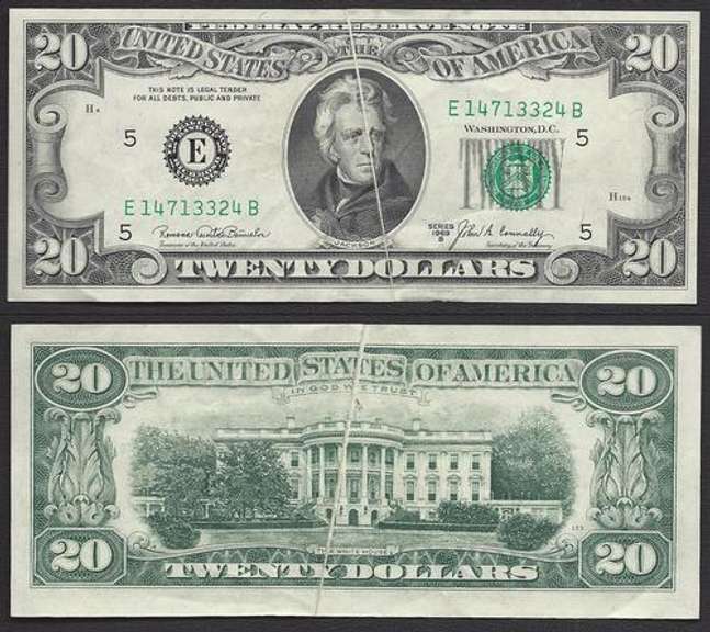 $20 1969-B Gutter front and Back Uncirculated