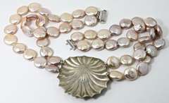 Summery and Dramatic Coin Pearl and Sterling Necklace