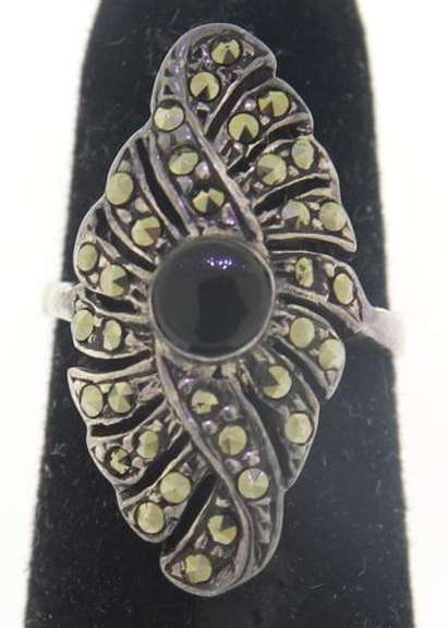 Sterling Silver Black Onyx and Marcasite Ring