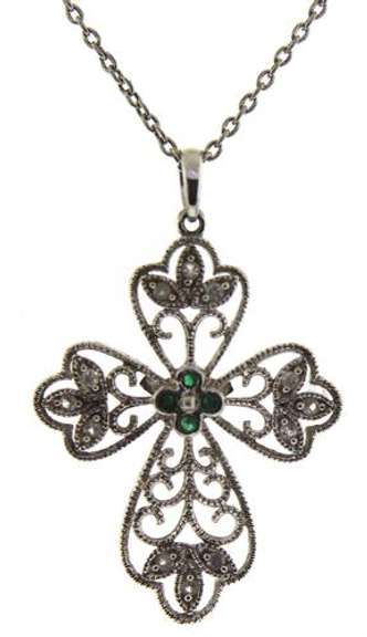 Sterling Silver Emerald & CZ Cross Necklace