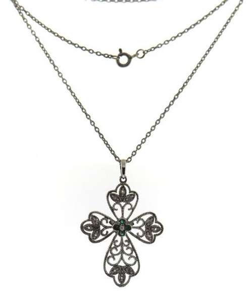 Sterling Silver Emerald & CZ Cross Necklace