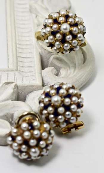 Great 18K Pearl and Enamel Earring and Ring Set