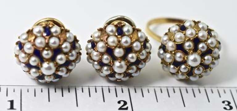 Great 18K Pearl and Enamel Earring and Ring Set