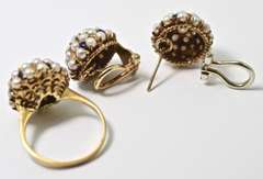 Great 18K Pearl and Enamel Earring and Ring Set