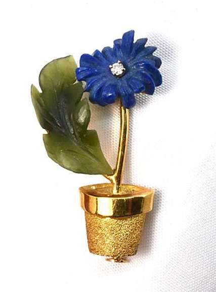 Adorable Carved Jade, Lapis, & Diamond 18K Pin