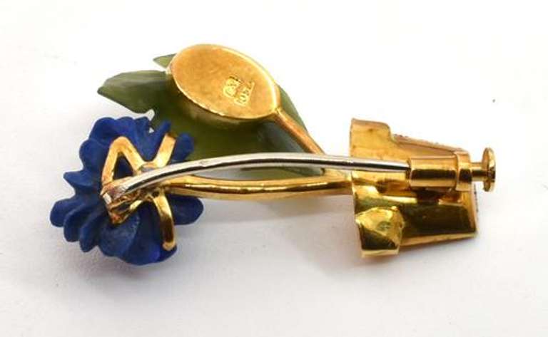 Adorable Carved Jade, Lapis, & Diamond 18K Pin