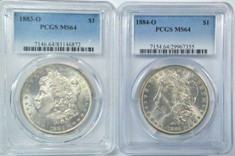 Near Gem BU 1883-O & 1884-O Morgan Dollars. PCGS MS64