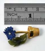 Adorable Carved Jade, Lapis, & Diamond 18K Pin