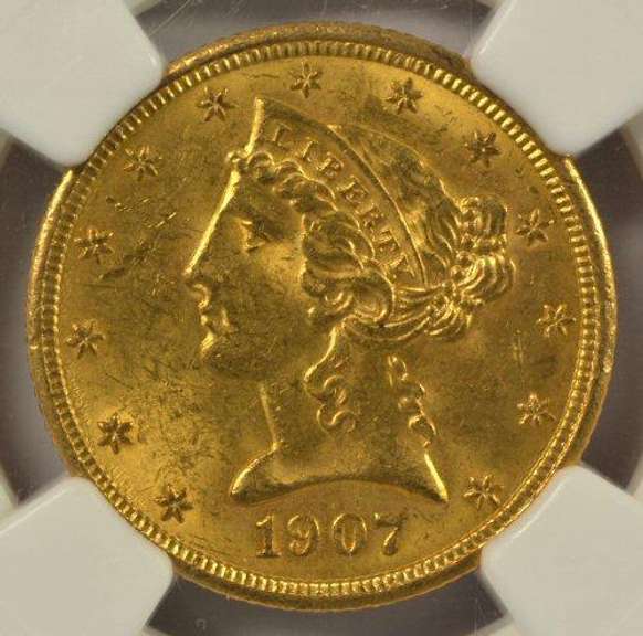 Choice BU 1907 US $5 Liberty Gold Piece. NGC MS63